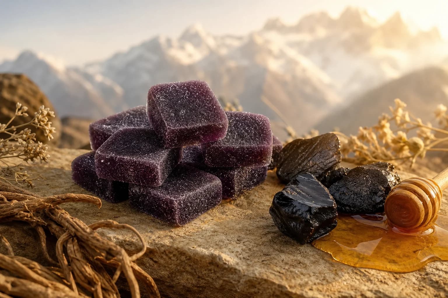 Shilajit gummies beside raw shilajit resin and Manuka honey